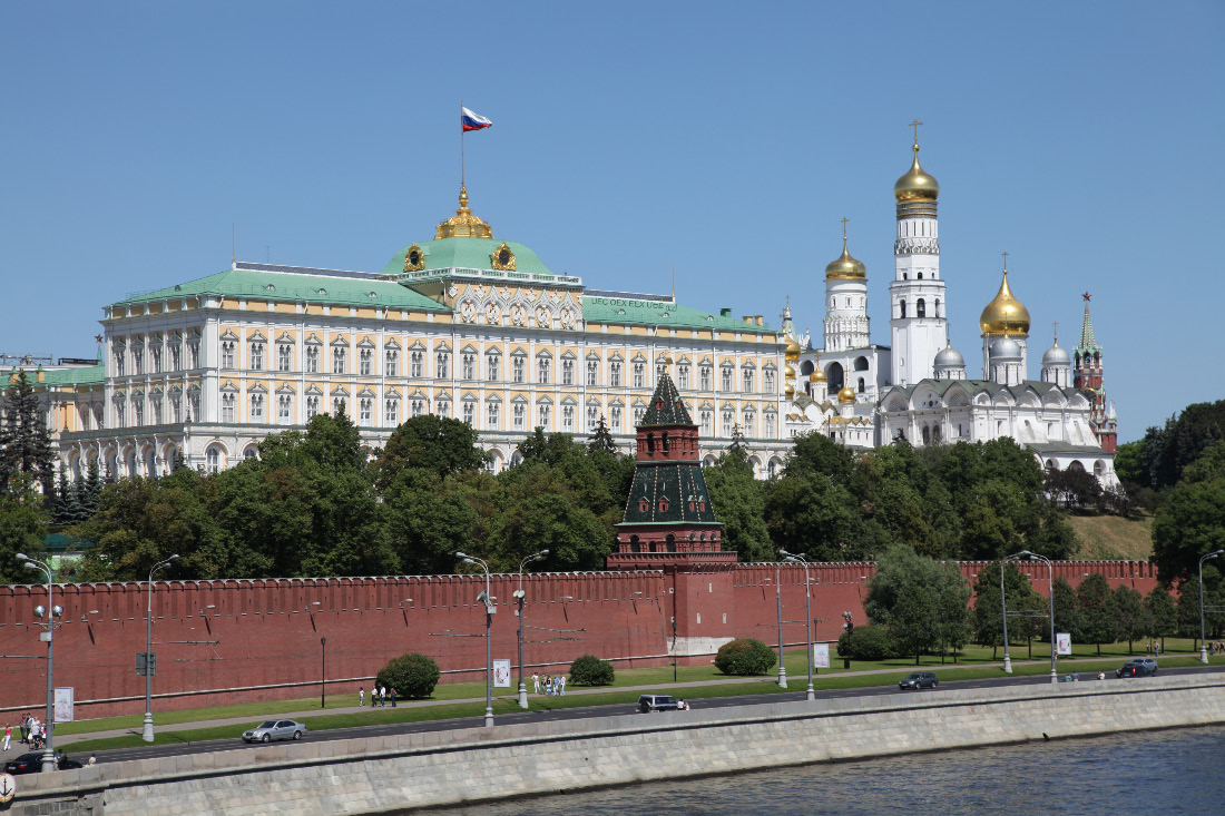 Mosocw Kremlin walls with Grand Palace Church cupola and Ivan the Great Bell Tower