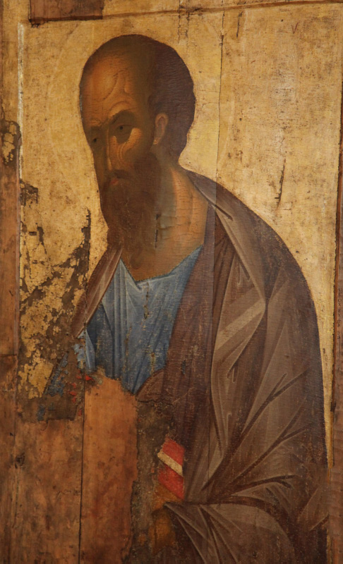 Апостол Павел – Apostle Paul in the Звенигородский чин (на иконостасе) – Zvenigorod rank (on iconostasis),  circa 1408 by Андрей Рублёв – Andrei Rublyov, состоявшейся в Третьяковской Галерее – held in the Tretiakov Gallery