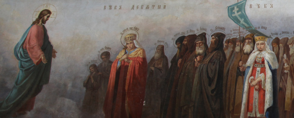 Saint Olga honored before other saints, pictured highlighted and standing closer to Christ in the Спасо-Преображенский Собор – Transfiguration of the Saviour Cathedral of Valaam Monastery